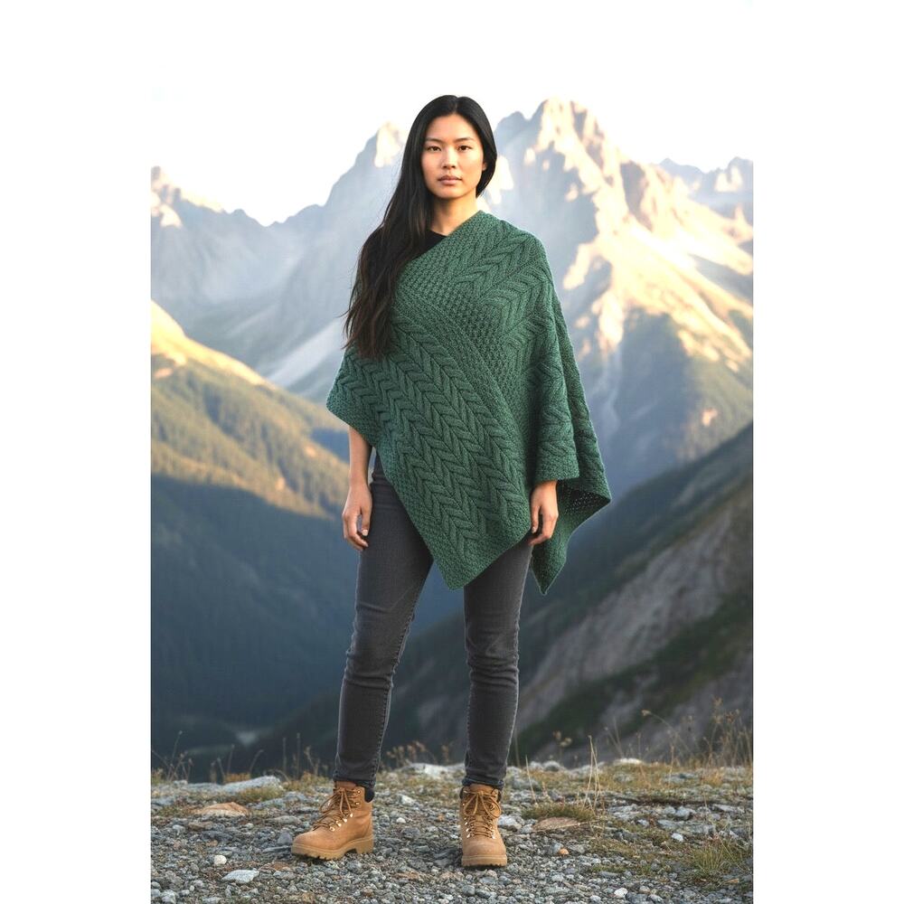 Kilronan Merino Wool Aran Cable Knit Poncho Shawl Green XL XXL Made Ireland